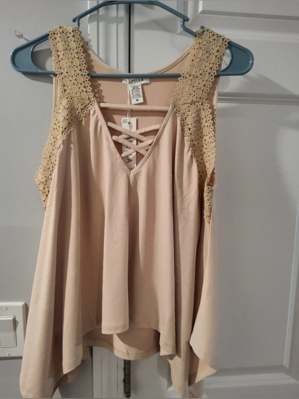 Apella Cream Crochet-Trim V-Neck Crisscross Tank